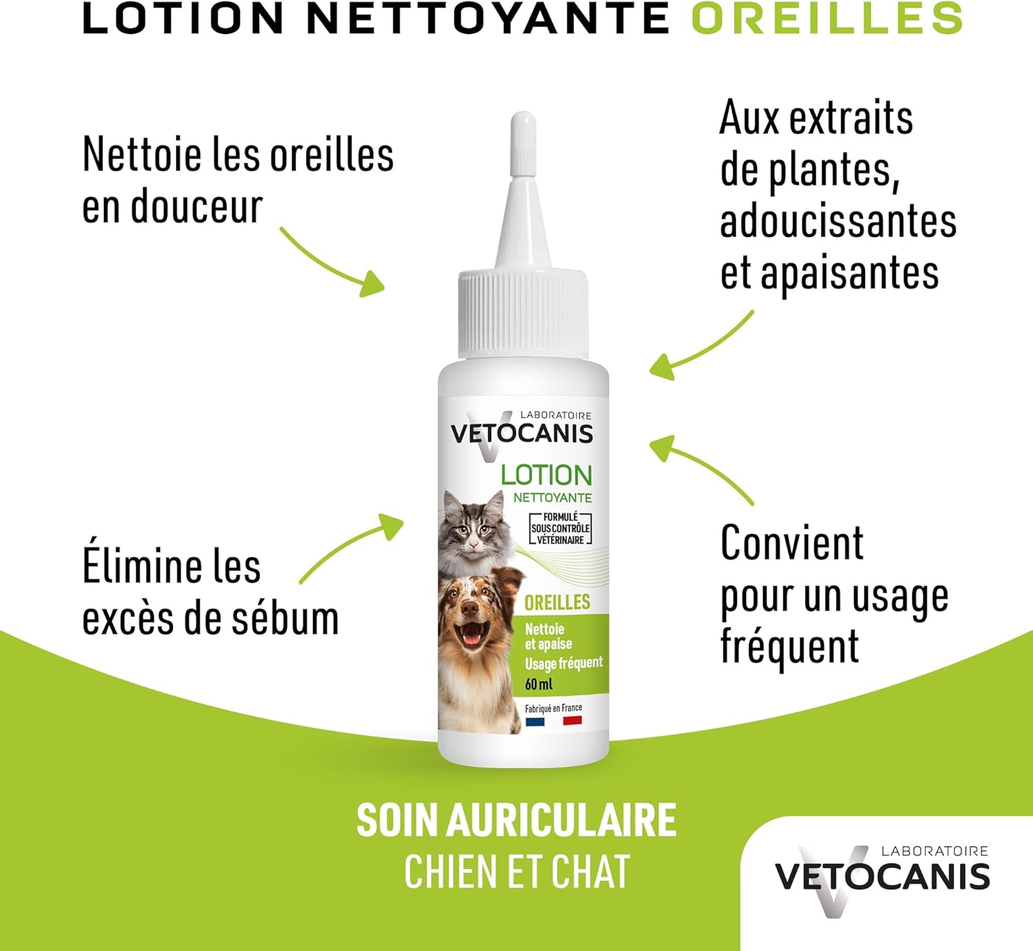 Detalle de Vetocanis Nettoyant Oreilles pour Chien et Chat – Lotion à base d’extraits de plantes, 60 ml