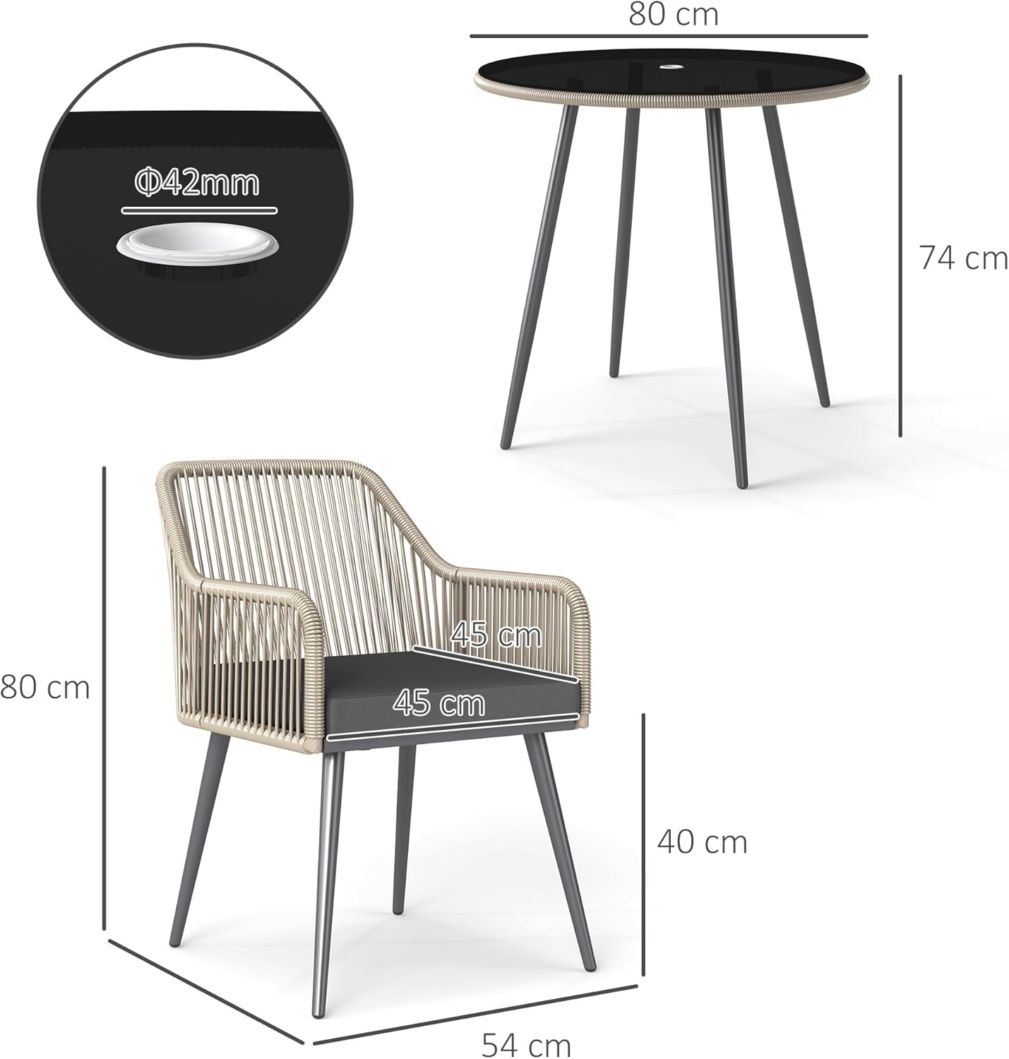 Thumbnail 6 de Outsunny Salon de Jardin Extérieur en Résine Tressée – Table ronde et 4 chaises avec coussins, Marron