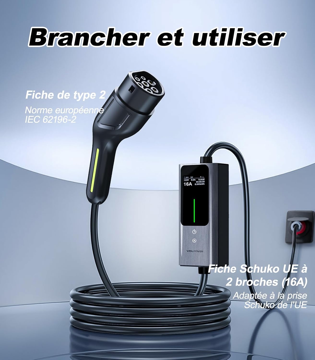 Thumbnail 5 de VDLPOWERVP Chargeur Voiture Electrique 11 kW portable - 8 m Type 2, IP65, courant réglable 6–16 A