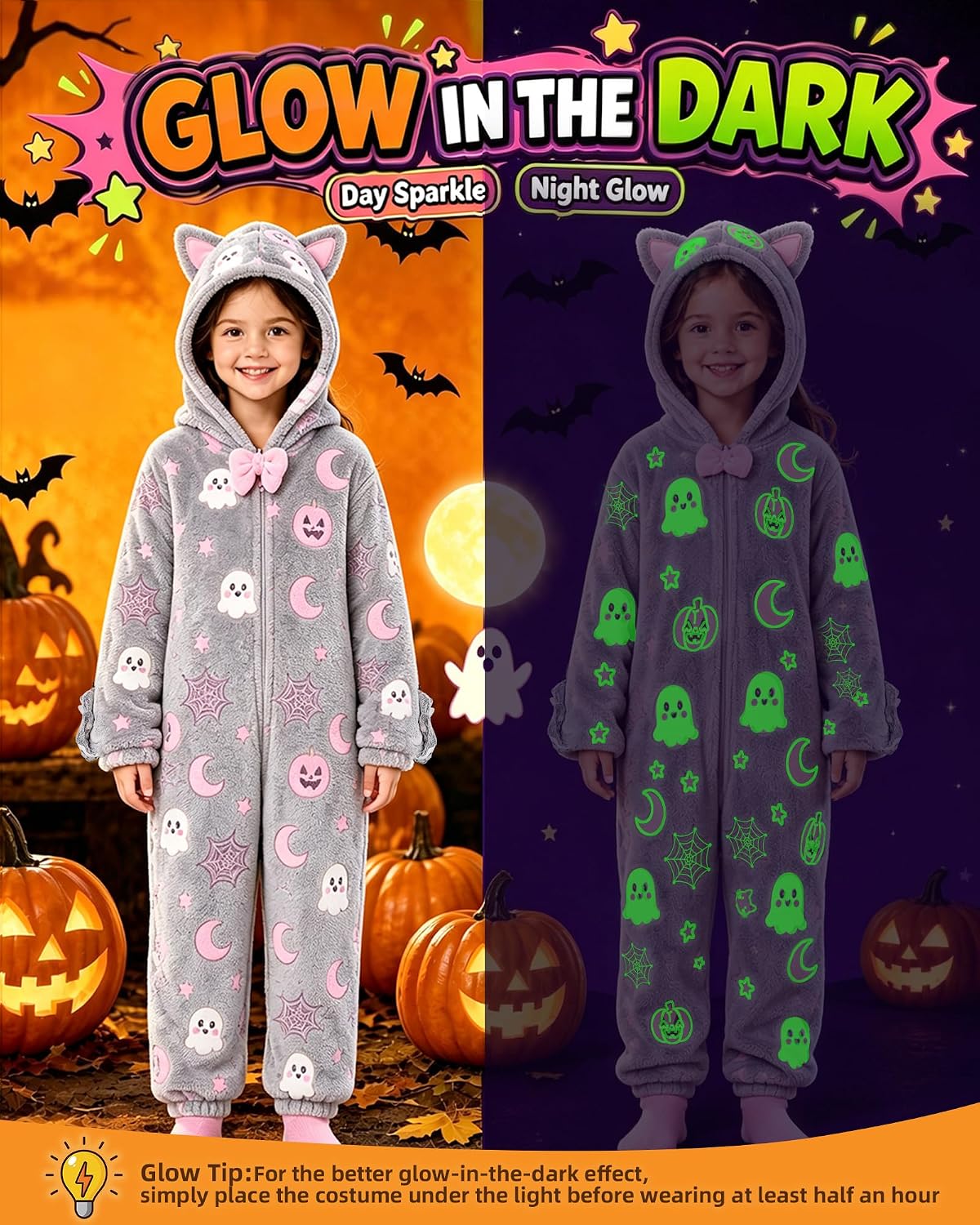 Thumbnail 1 de Gifts2U Glow-in-the-Dark Cat Costume for Kids, Flannel Onesie with Purse