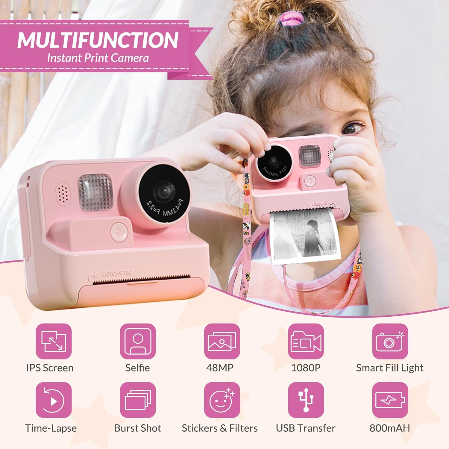 Thumbnail 1 de Mafiti Kids Camera Instant Print: 48MP Digital Camera for 3–12 Year Olds (Pink)
