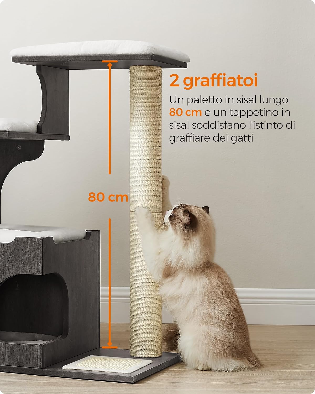 Detalle de Feandrea Tiragraffi, Albero per Gatti di Truciolato Alto 86 cm con Grotta, Postiovaie e Collone in Sisal – Grigio Nebbia