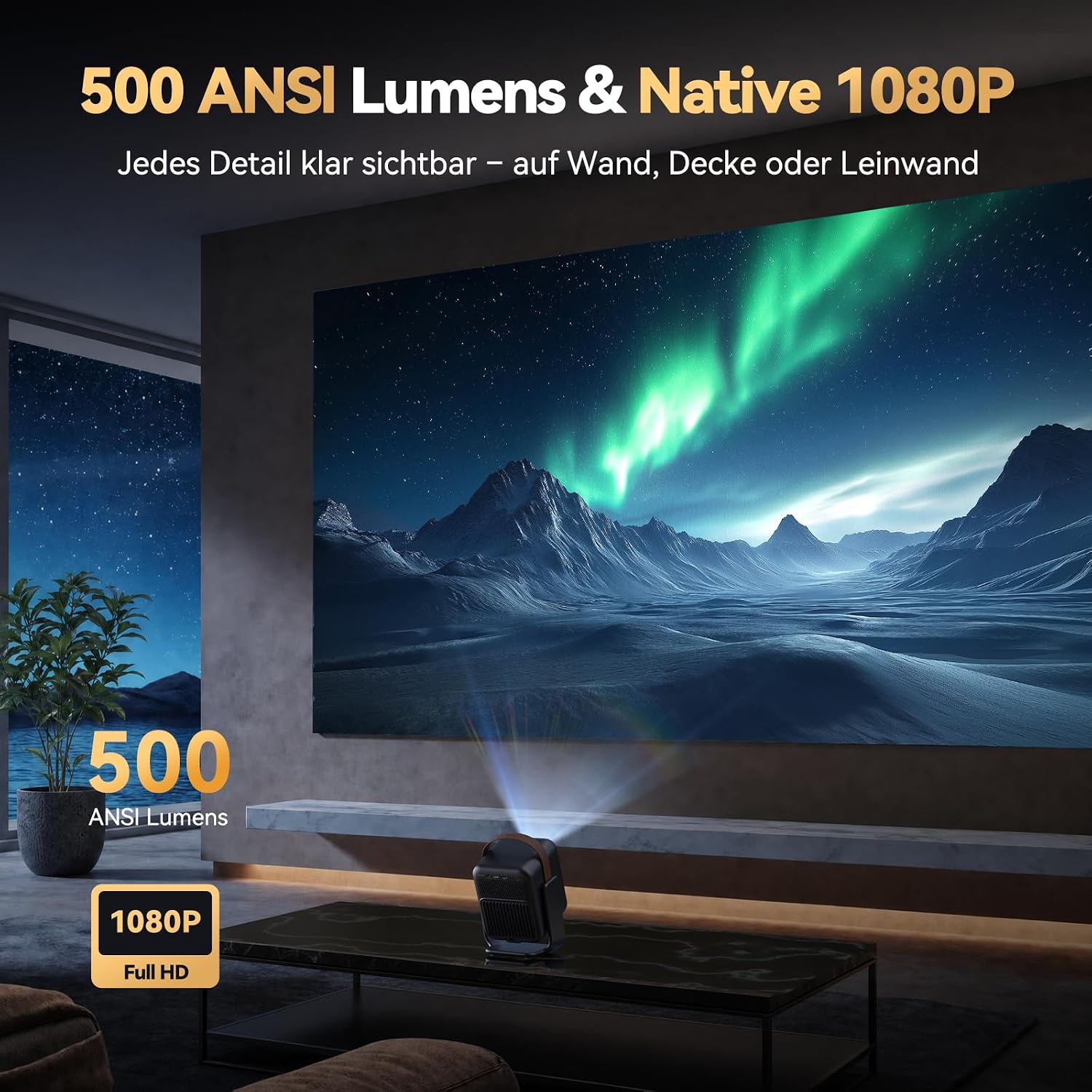 Detalle de WANBO Togo Pro Akku Smart Beamer mit Google TV – Tragbar 1080p, 500 ANSI, 3,5h Akku, 360° Ständer