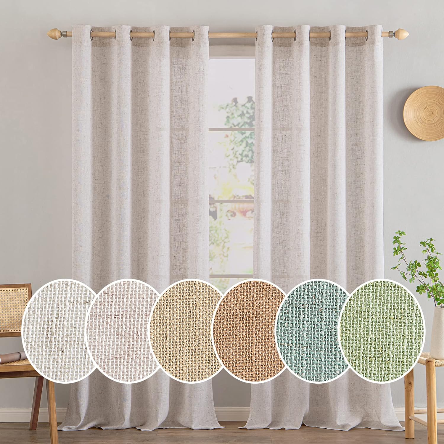 Detalle de MIULEE Tende in Lino con Occhielli – Set da 2 pannelli trasparenti 140x260 cm, colore Bianco