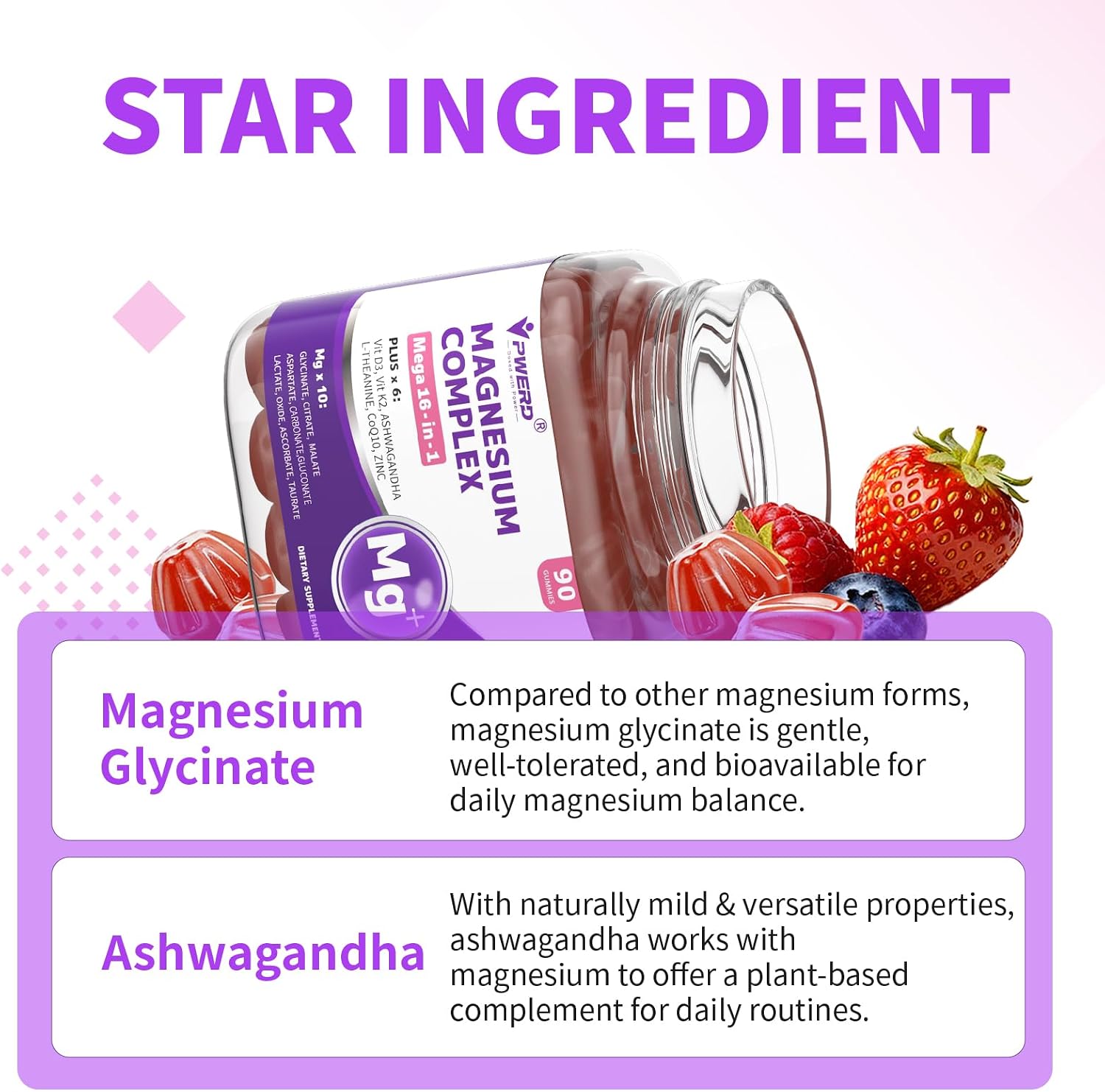 Detalle 2 de PWERD 16-in-1 Magnesium Gummies for Adults, Sugar-Free Vegan, 180 Count