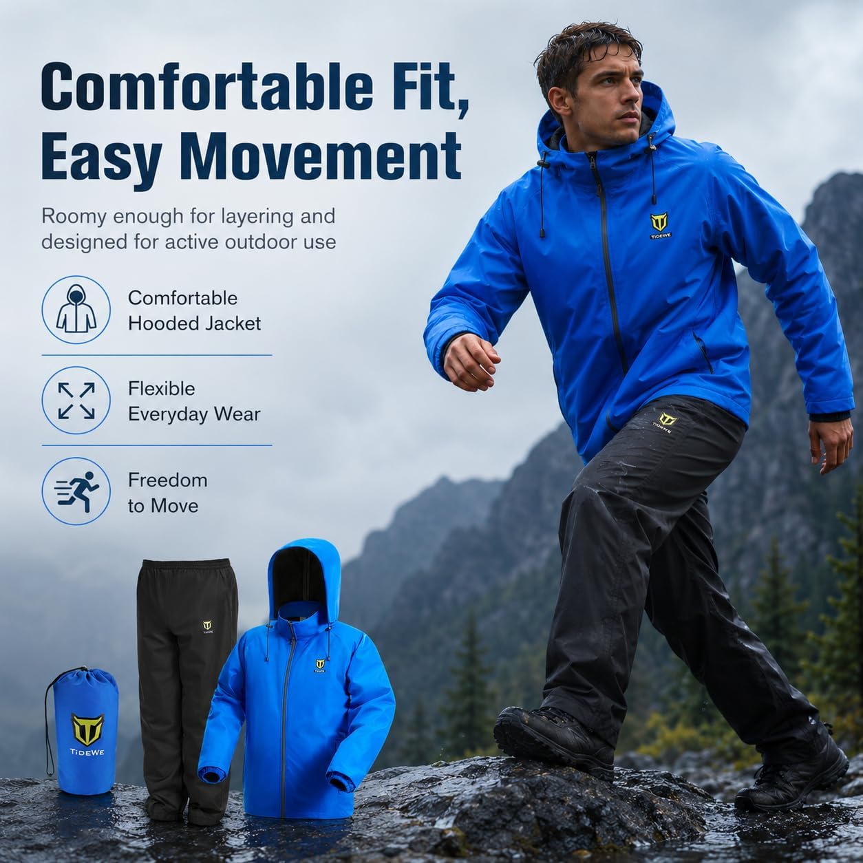 Detalle 2 de TIDEWE Men's Waterproof Rain Suit, Lightweight 2-Piece Gear with Sealed Seams