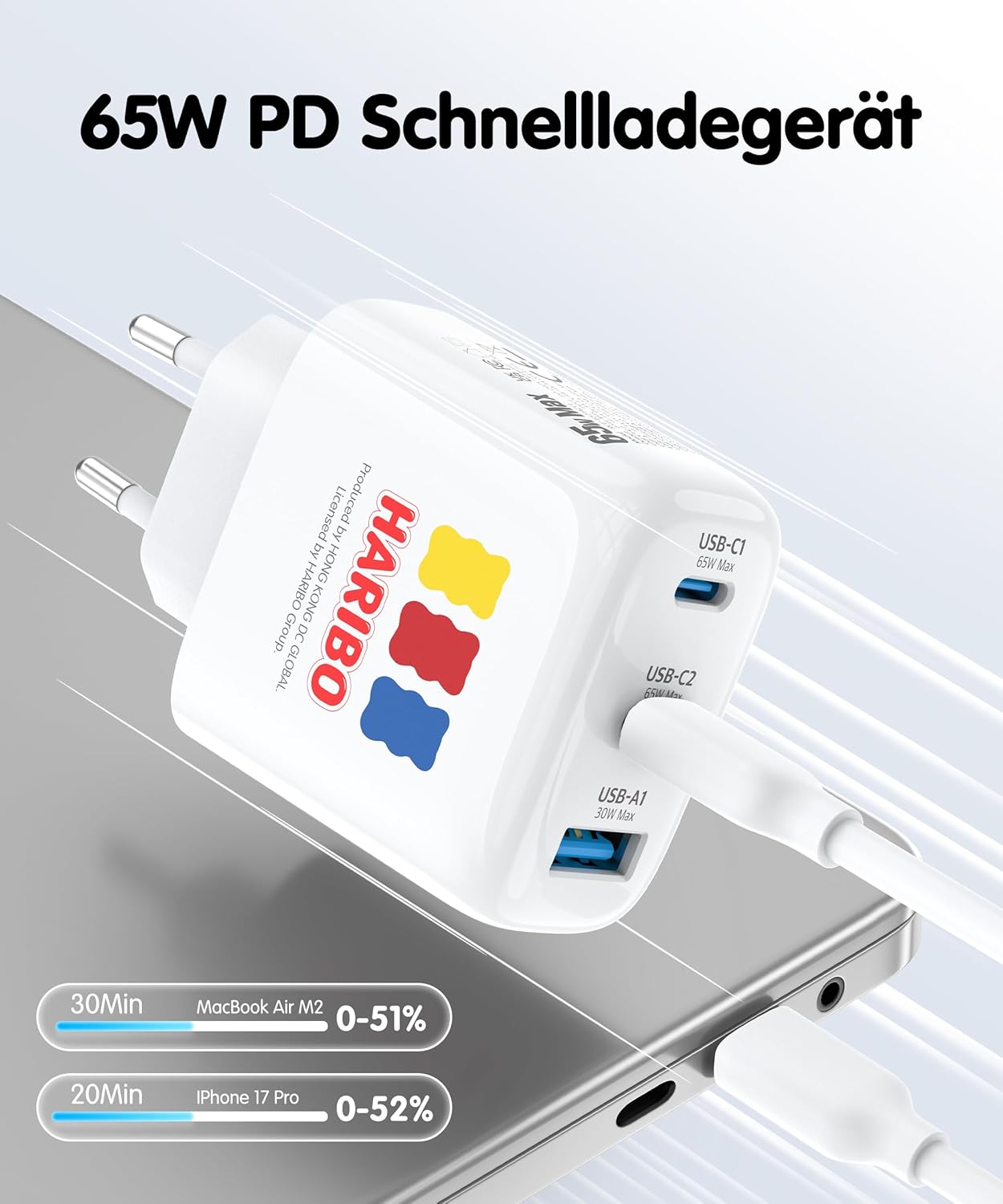 Detalle de HARIBO 65W USB-C Ladegerät mit drei Ports – GaN Schnellladegerät für MacBook, iPhone, Galaxy & mehr (blau)