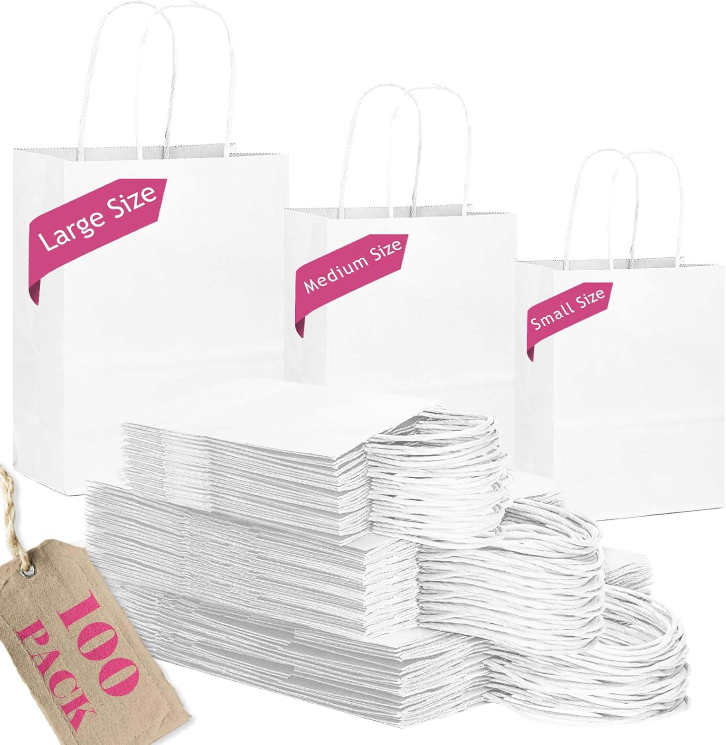 Detalle de Gcardist White Paper Gift Bags with Handles – Bulk 100 Pcs (Size Variants: Large 33, Medium 33, Small 34)
