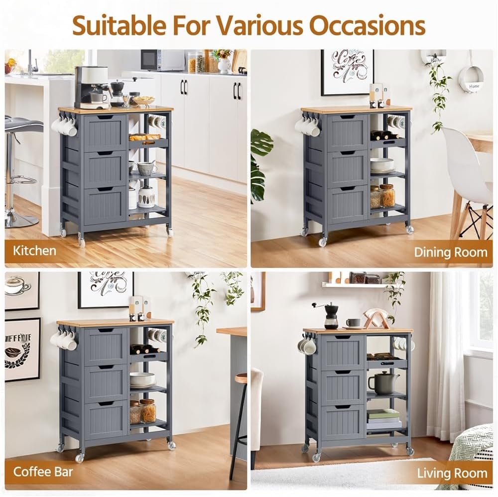 Detalle de Yaheetech Carrello Cucina 67x37x84,5 cm con Ruote e 3 Ripiani/3 Cassetti: versatile e salvaspazio