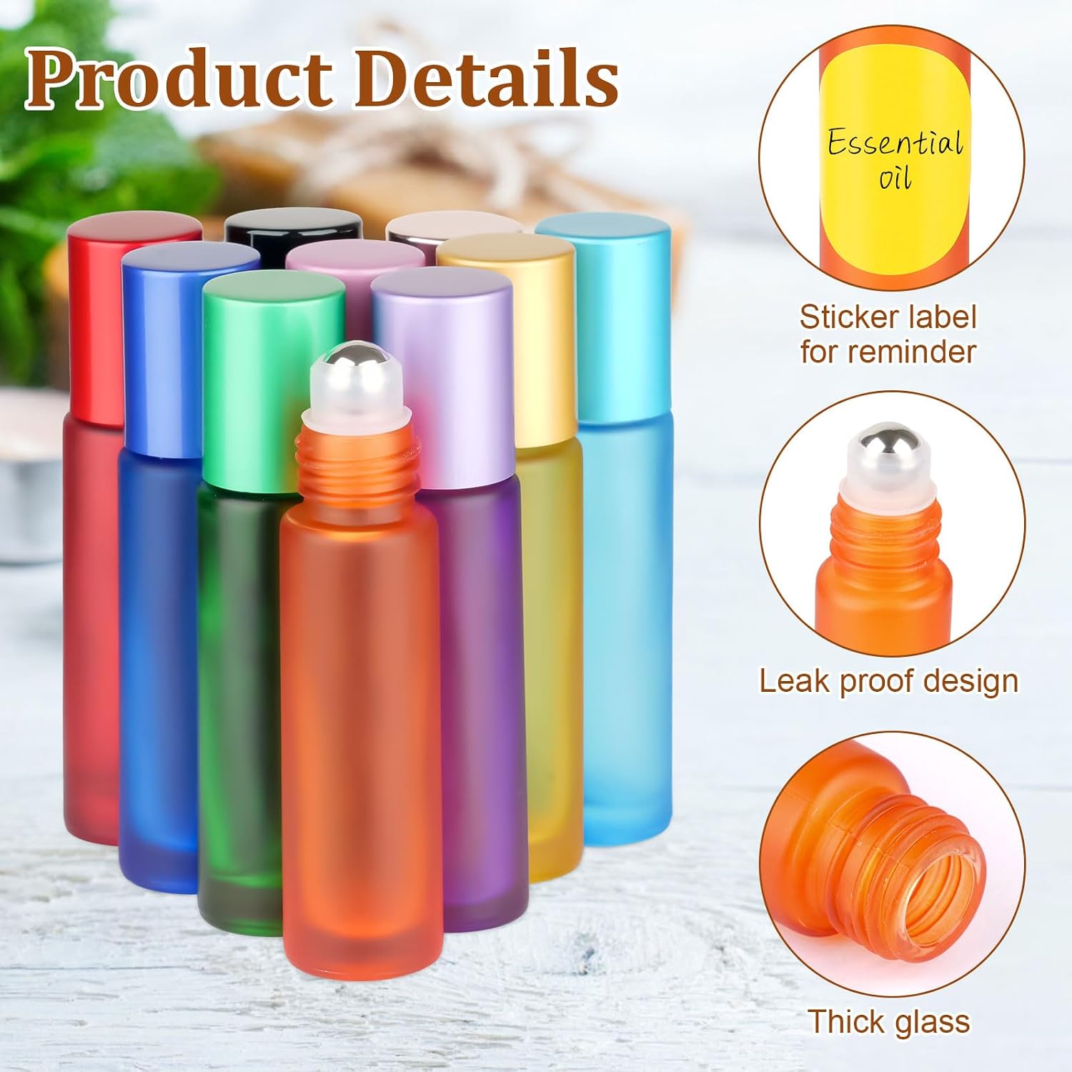 Detalle de 10 ml Roll-on Glasflaschen Set – 10 Stück farbig, mit Zubehör für ätherische Öle, Parfüm und Kosmetik