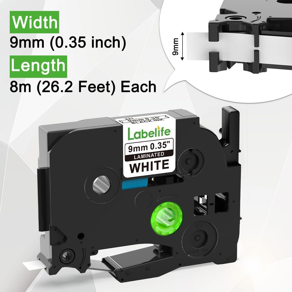 Detalle de Labelife 9mm TZe-221 Laminated Label Tape 4-Pack for Brother P-Touch – 3/8 inch (9mm) Wide, White with Black Text