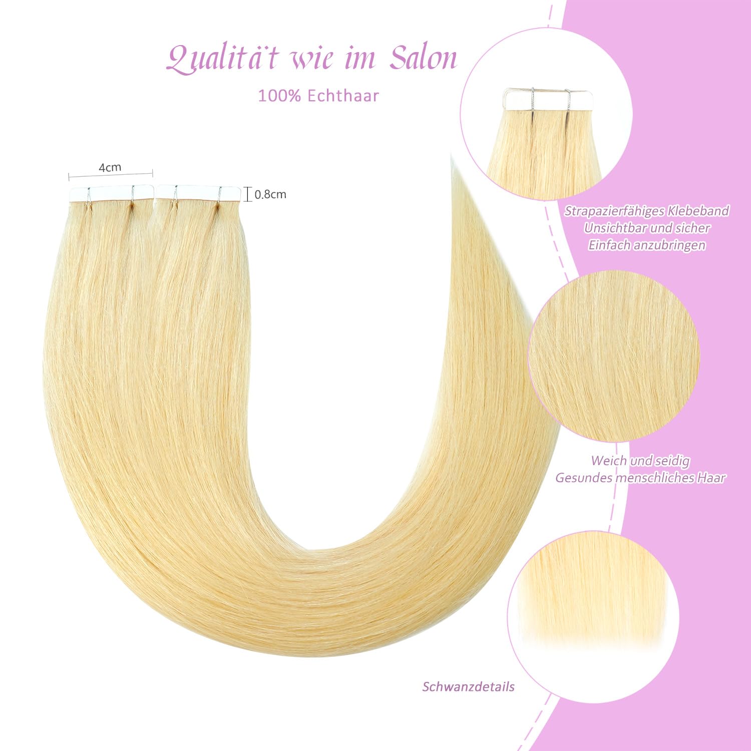 Detalle de LieblichWelle Tape Extensions Echthaar, gebleichtes Blond, 50 cm – 20 Stück (50 g/Packung)