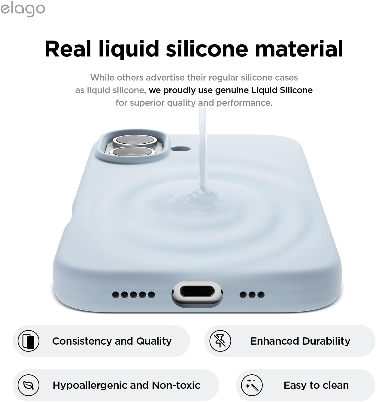 Detalle de elago Coque Silicone Liquide Premium iPhone 16 Plus antichoc bleu clair