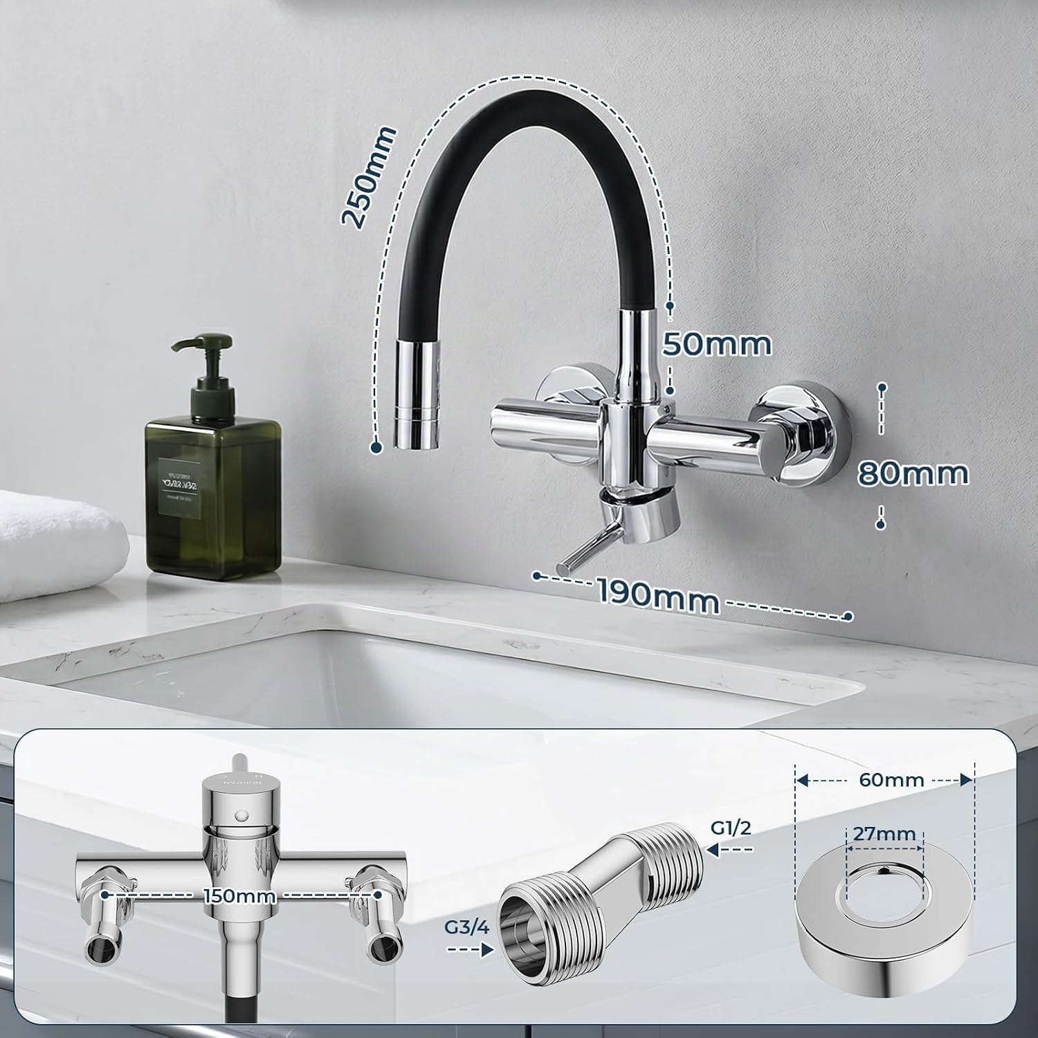 Thumbnail 5 de HURRAN Rubinetto Cucina a Muro: lavello flessibile, rotazione 360° e doppia modalità d’acqua