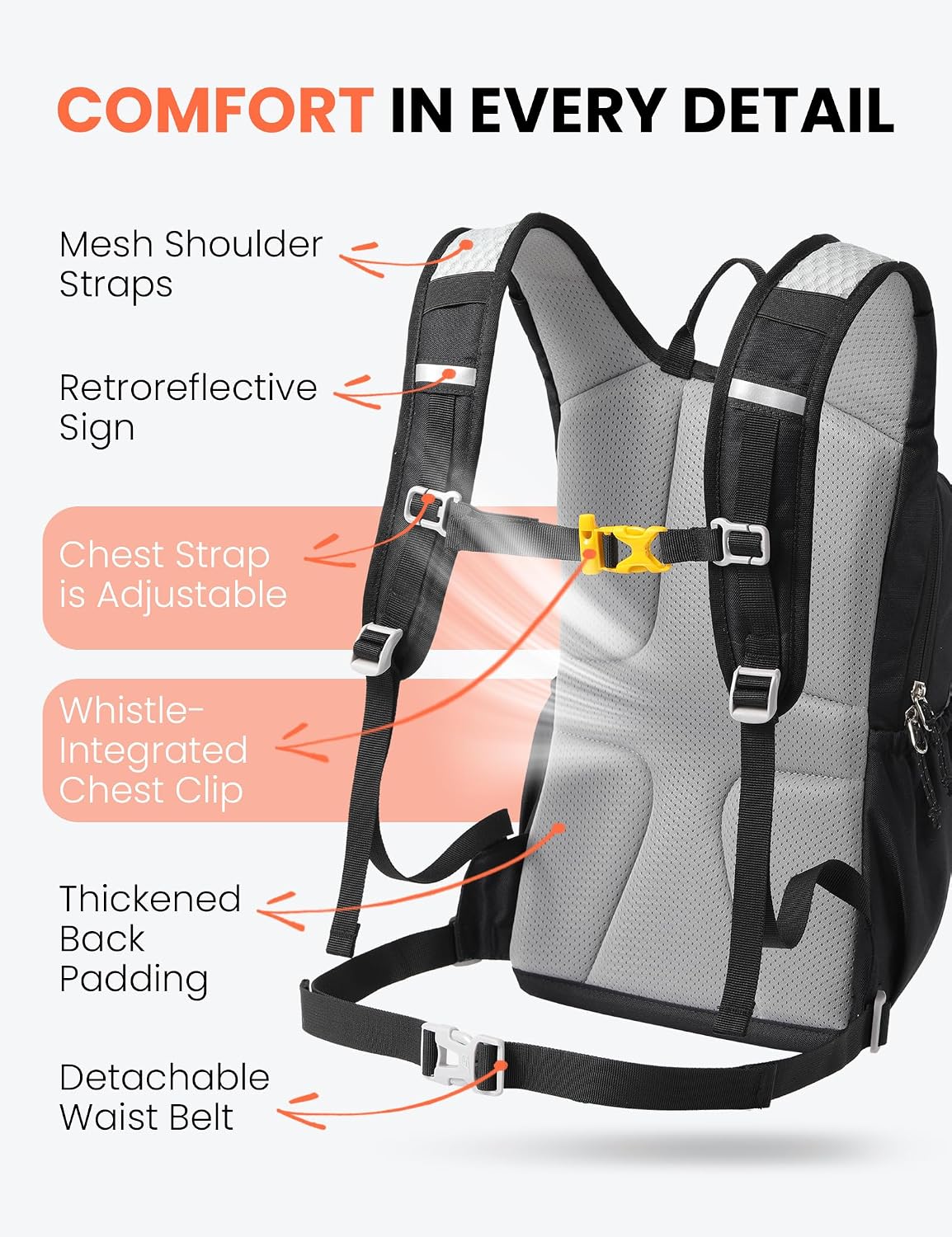 Detalle de SKYSPER Kinderrucksack 15L – leichter Wanderrucksack mit Hydrationsfach & Sicherheitspfeife