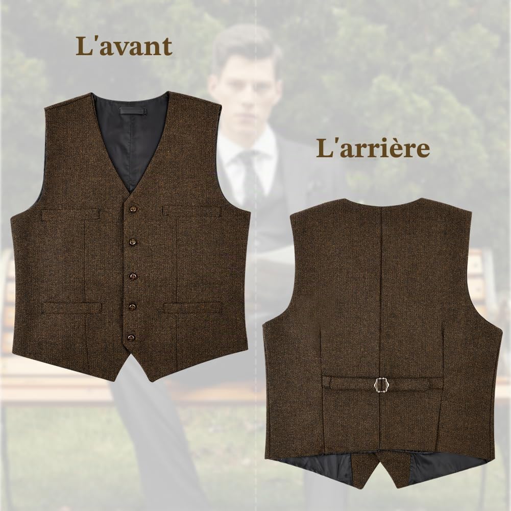 Detalle de AUYAO tweed herenvest met visgraatmotief, V-hals en knoopsluiting
