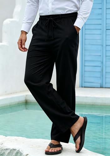Detalle de Cegerne Pantaloni di Lino Uomo Estivo Nero, Vita Elastico con Zip e Coulisse – Taglia L