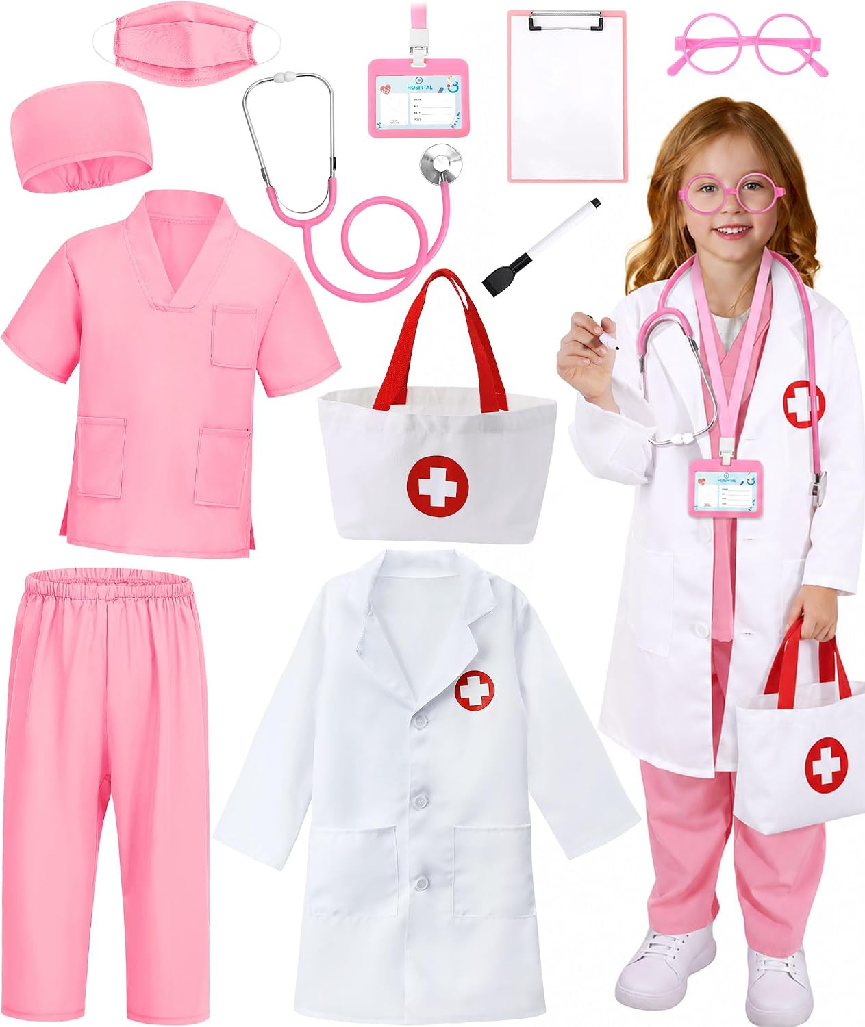 Detalle de Wuclad Kids Doctor Costume Set, 12-Piece Scrubs, Lab Coat and Accessories