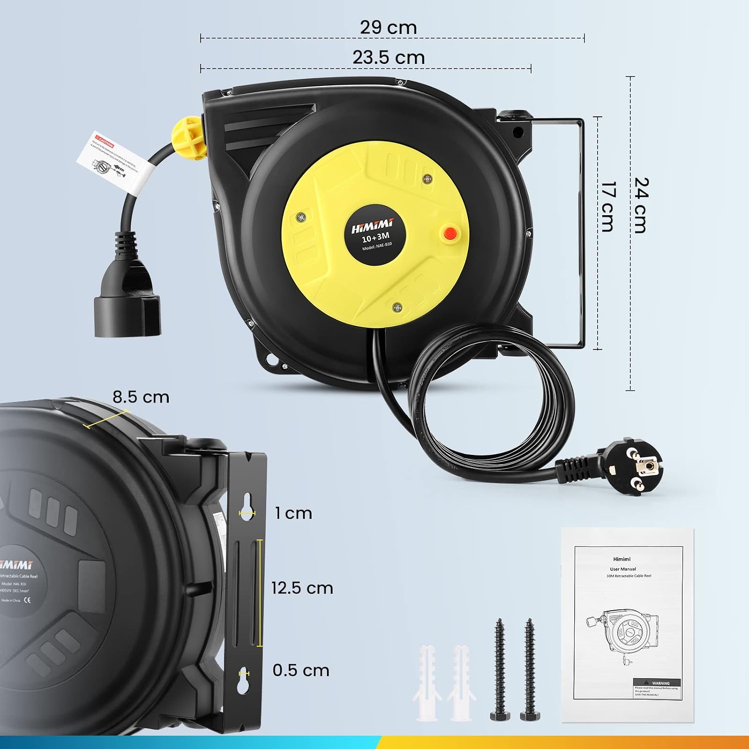 Thumbnail 6 de Himimi automatische Kabeltrommel 13 m (10 m + 3 m), 1250 W–2000 W – Wand- und Deckenmontage, 180° drehbar