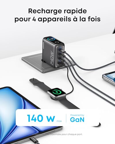Detalle de Anker Chargeur USB C 140W, Adaptateur Ordinateur 4 Ports - Compact et rapide