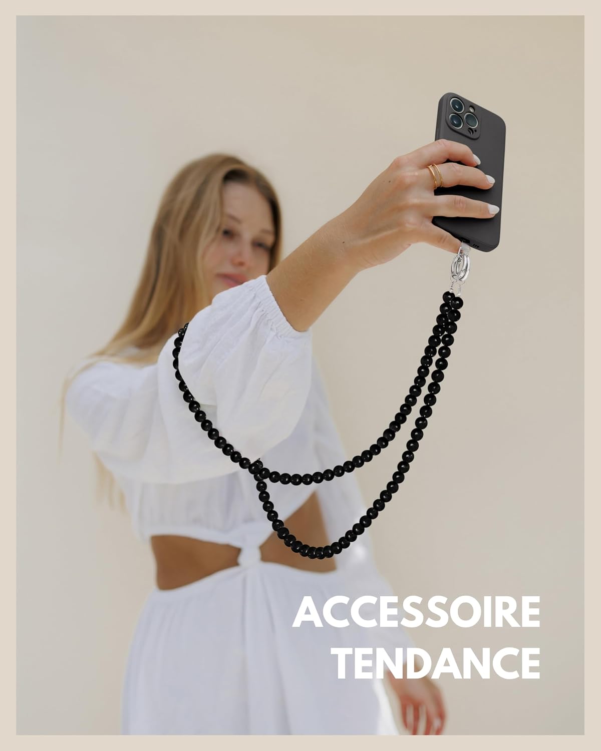 Detalle de GD GOOD.designs Chaîne de téléphone portable avec perles — Cordon universel et patch pour coque, 24 ou 130 cm, noir