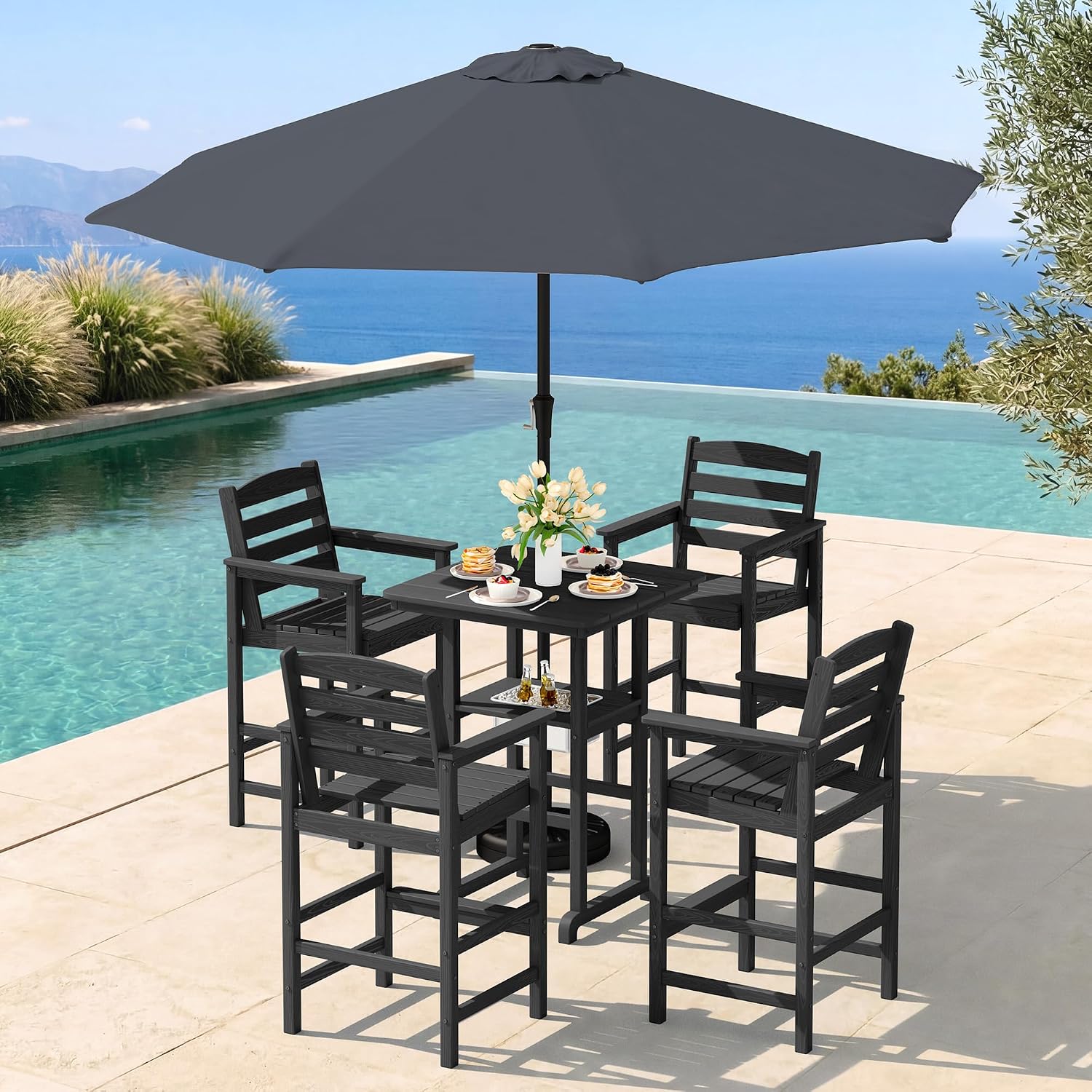Detalle de SERWALL Outdoor Adirondack Bar Set with HDPE Chairs, Ice Bucket and 9-ft Umbrella