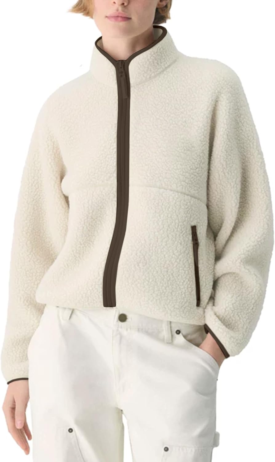 Detalle de Yozazzy Women's Brown Sherpa Fleece Jacket, Full-Zip with Stand Collar and Pockets