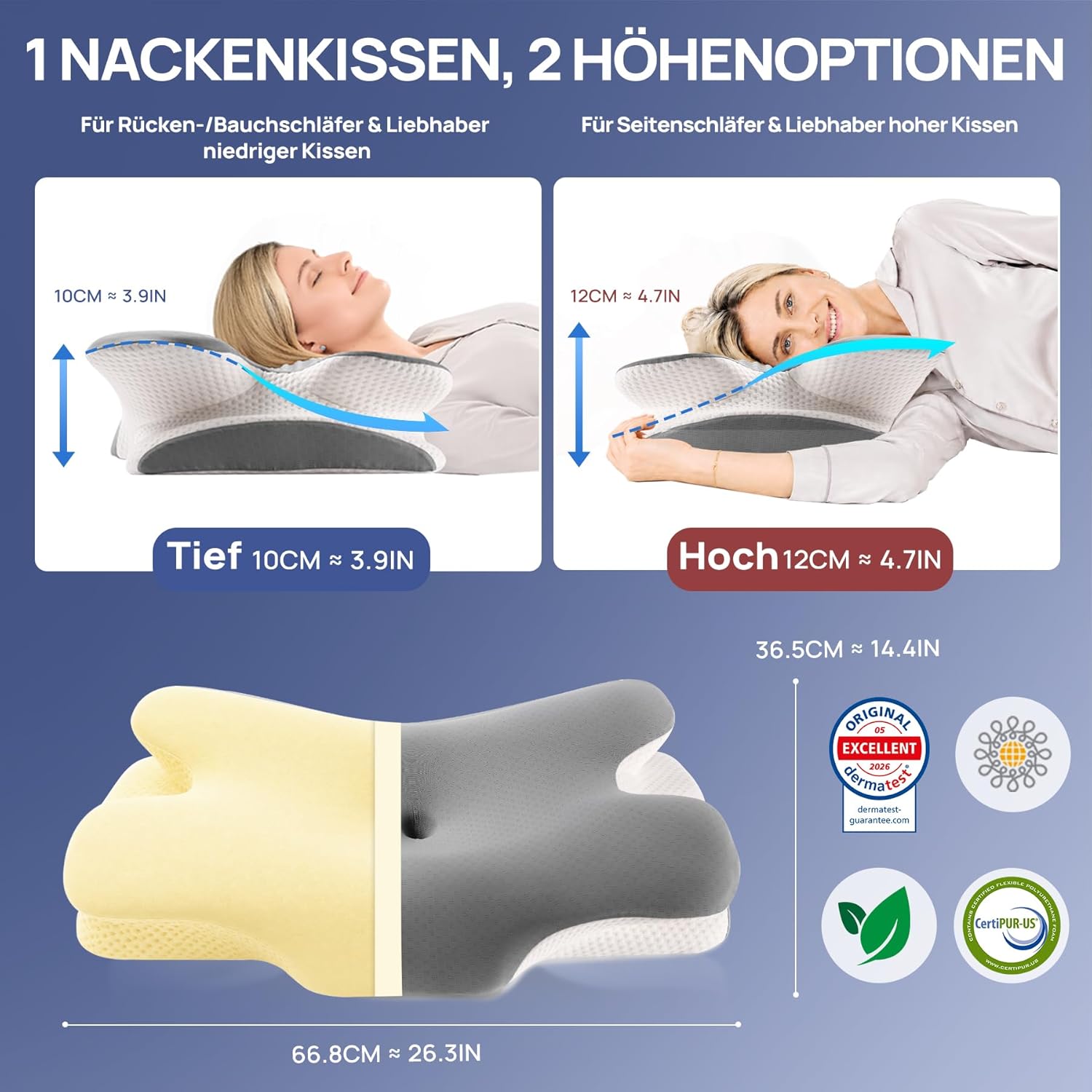 Detalle 2 de MULISOFT Nackenkissen P-105 Memory Foam – Zwei Höhen, ergonomisch, für Seiten-, Rücken- und Bauchschläfer
