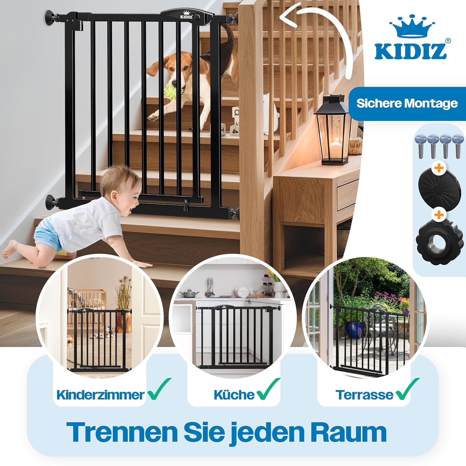 Detalle de KIDIZ Treppenschutzgitter ohne Bohren (verstellbare Breite 102–108 cm, 75 cm hoch) – Schwarz