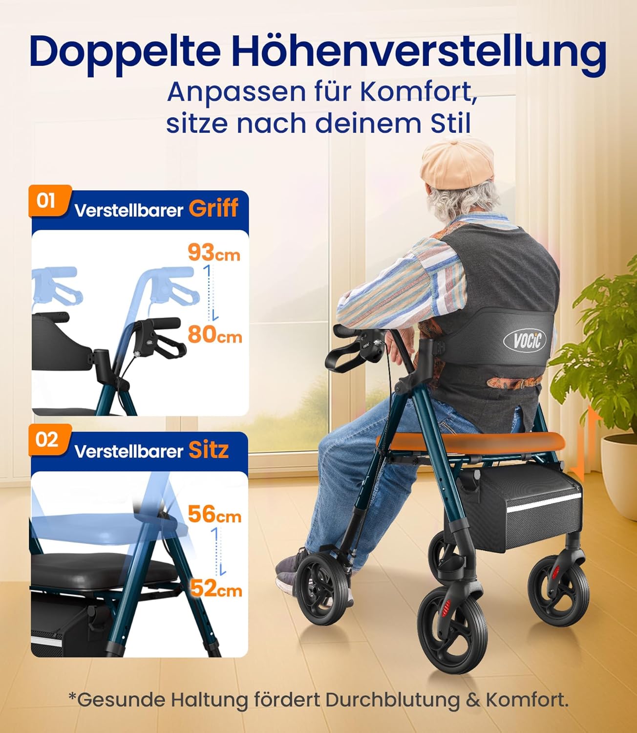 Detalle 2 de VOCIC Rollator Faltbar und Leicht mit Sit – kompakter Alltagsbegleiter für Wohnung und Freizeit