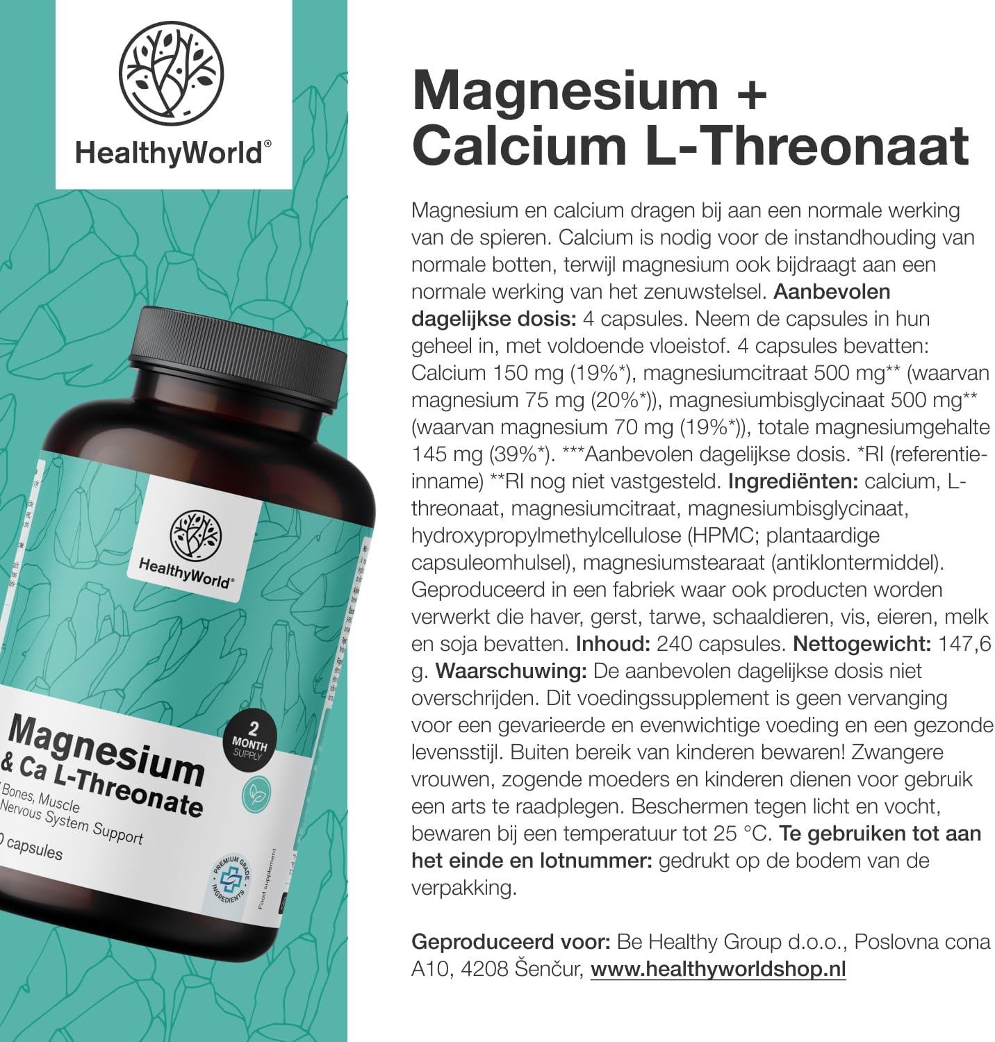 Thumbnail 6 de HealthyWorld Magnesium + Calcium L-Threonaat, 240 capsules met citraat en bisglycinaat