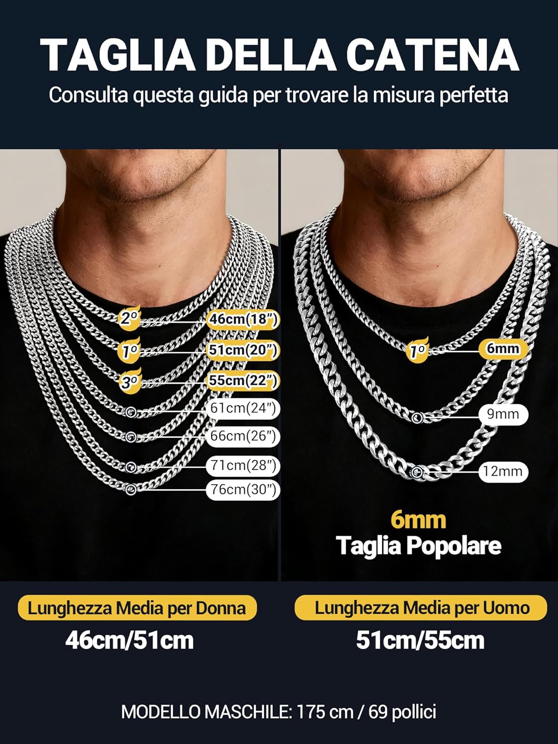 Thumbnail 2 de PROSTEEL Collana argento uomo catena cubana Miami in acciaio inox 316L (6/9/12 mm) 45-75 cm