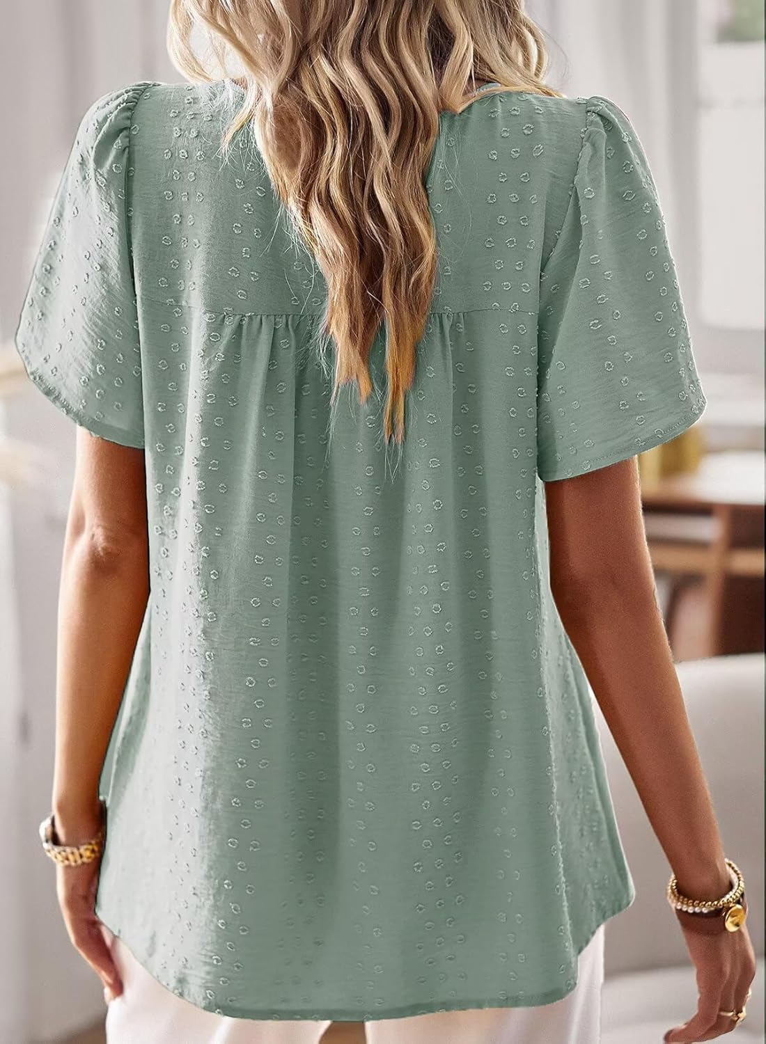 Detalle de TUUHAW Top Damen Sommer Boho Bluse – Kurzarm, Rundhals, Lace-Details