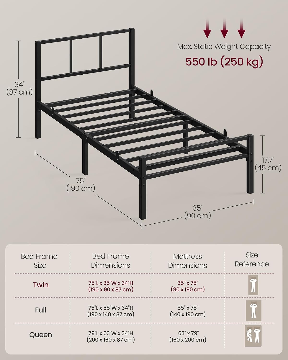 Detalle 2 de VASAGLE Single Bed Frame 90 x 190 cm with Slats and Headboard – Ink Black RMB291B101