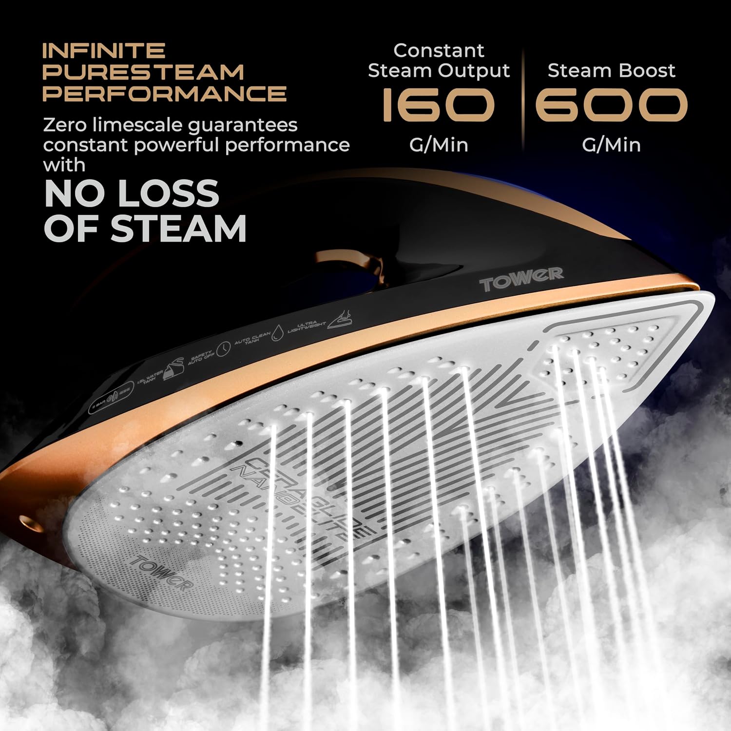 Detalle 2 de Tower PureSteam Infinity Xpress T22030GLD 8 Bar Steam Generator Iron (Ceraglide NanoElite Soleplate, 1.5L Dual Tank)