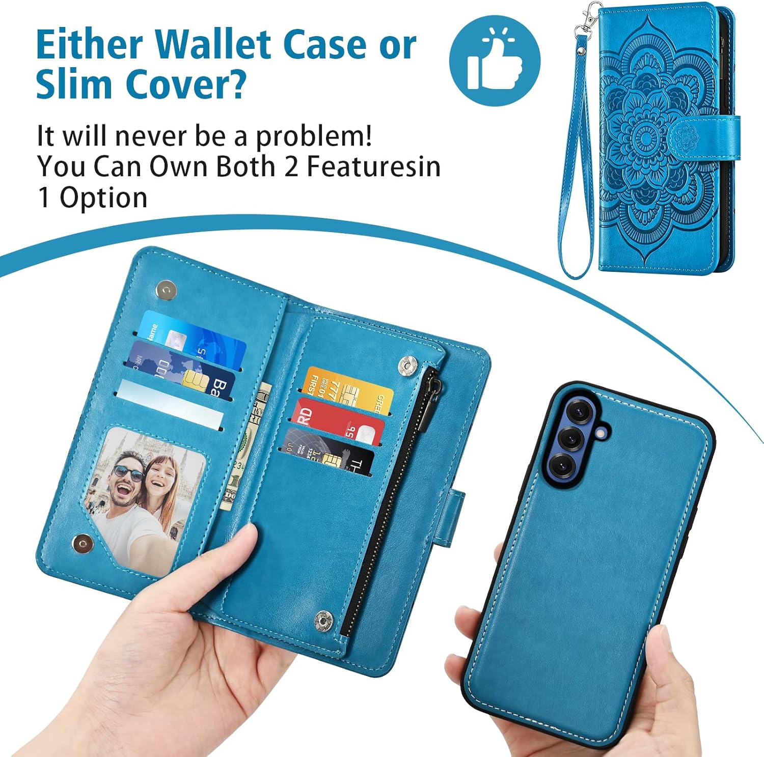 Thumbnail 3 de Asuwish Blue Zipper Wallet Case with Detachable Straps for Samsung Galaxy S25 5G