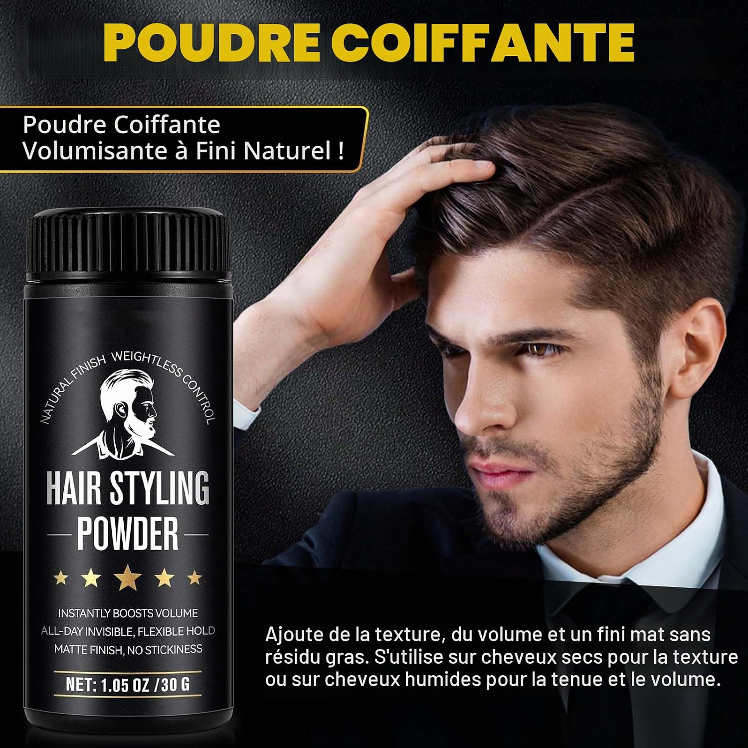 Detalle 2 de Poudre Coiffante Homme 30g – Poudre Texturisante Cheveux, Volume et Texture, Fini Mat