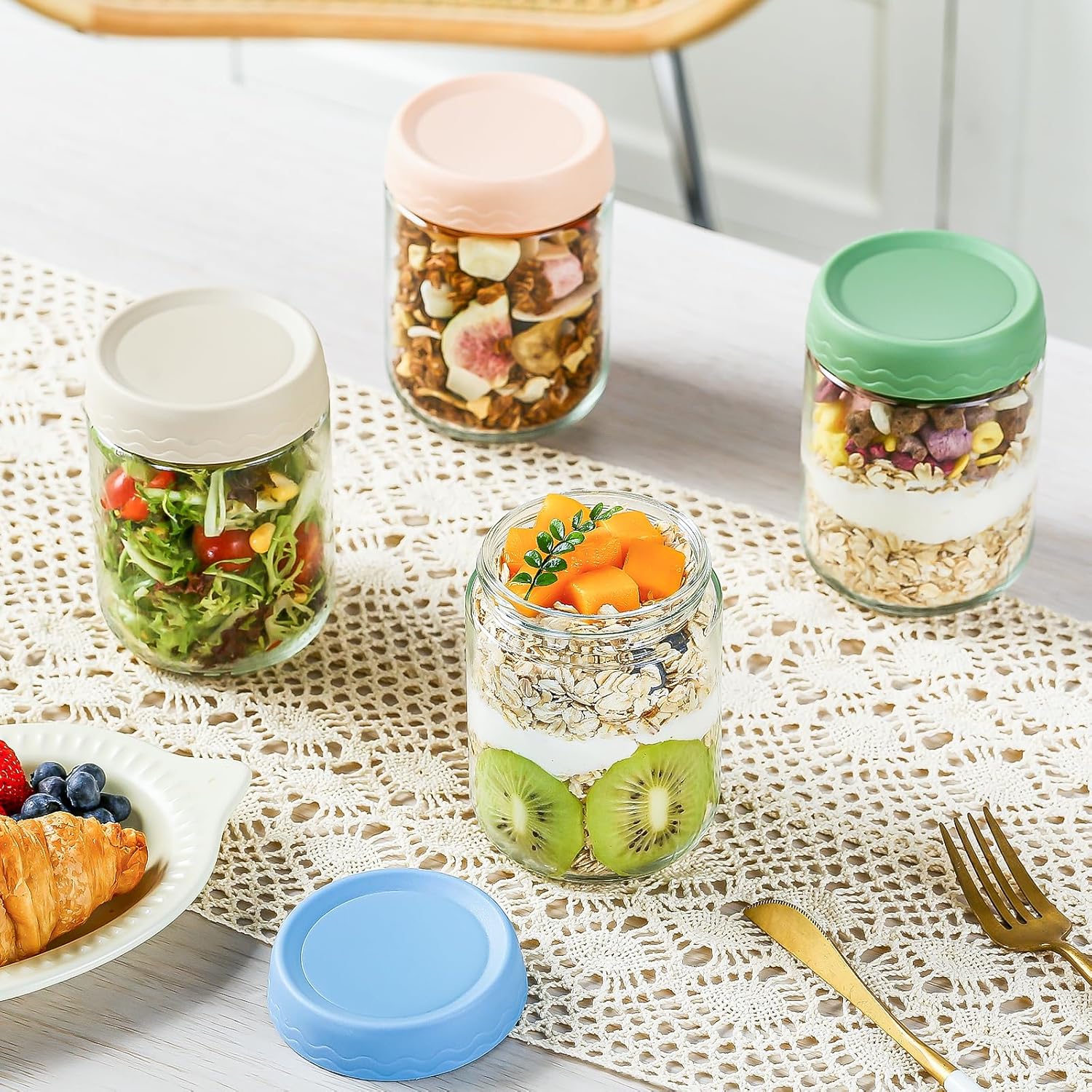Thumbnail 5 de DRKIO 16 oz Overnight Oats Glass Storage Jars with Airtight Lids (6-Pack)