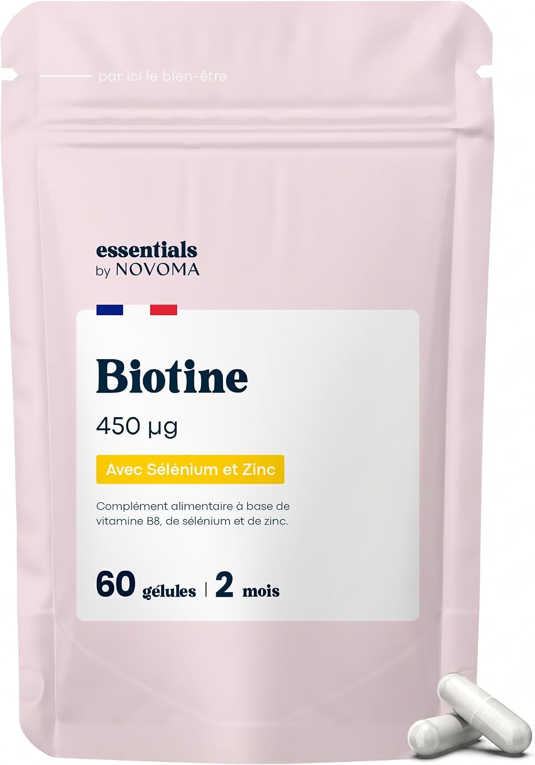 Detalle de NOVOMA Essentials – Biotine avec Sélénium et Zinc (B8) pour accélérer la pousse des cheveux, cure de 2 mois, 60 gélules végétales