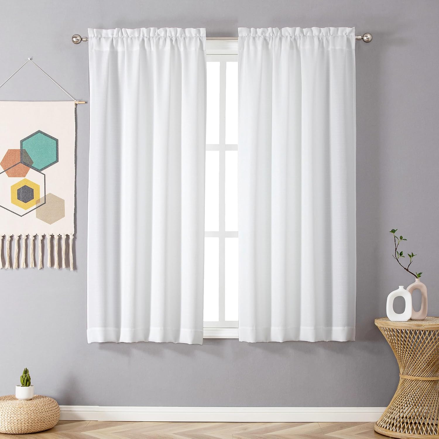 Thumbnail 1 de Chyhomenyc White Faux Linen Texture Light Filtering Curtains, 2 Panels (40W x 63L)