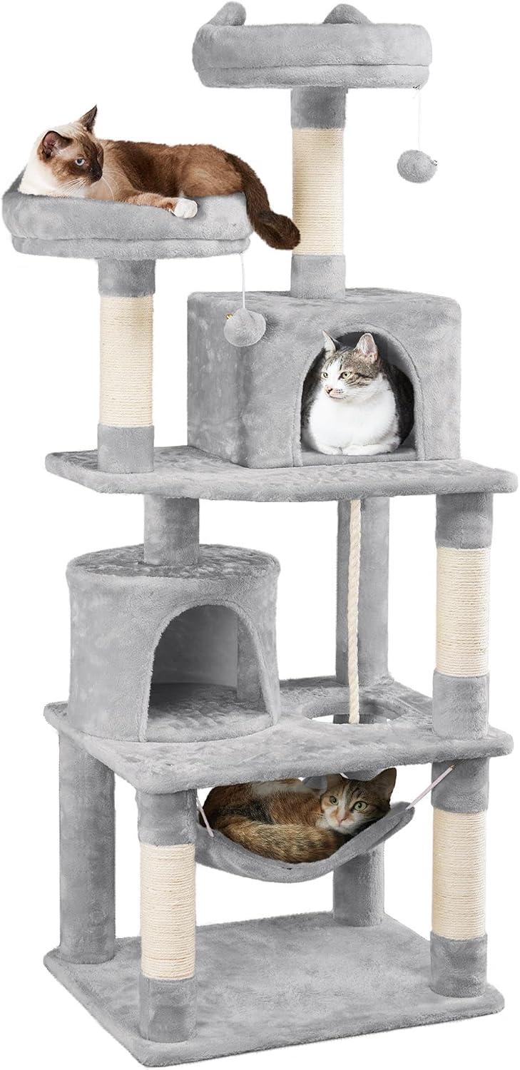 Detalle de Yaheetech 158 cm Kratzbaum für Katzen mit Hängematte, 5 Kratzsäulen & 2 Höhlen – FSC-zertifiziert, kippsicher