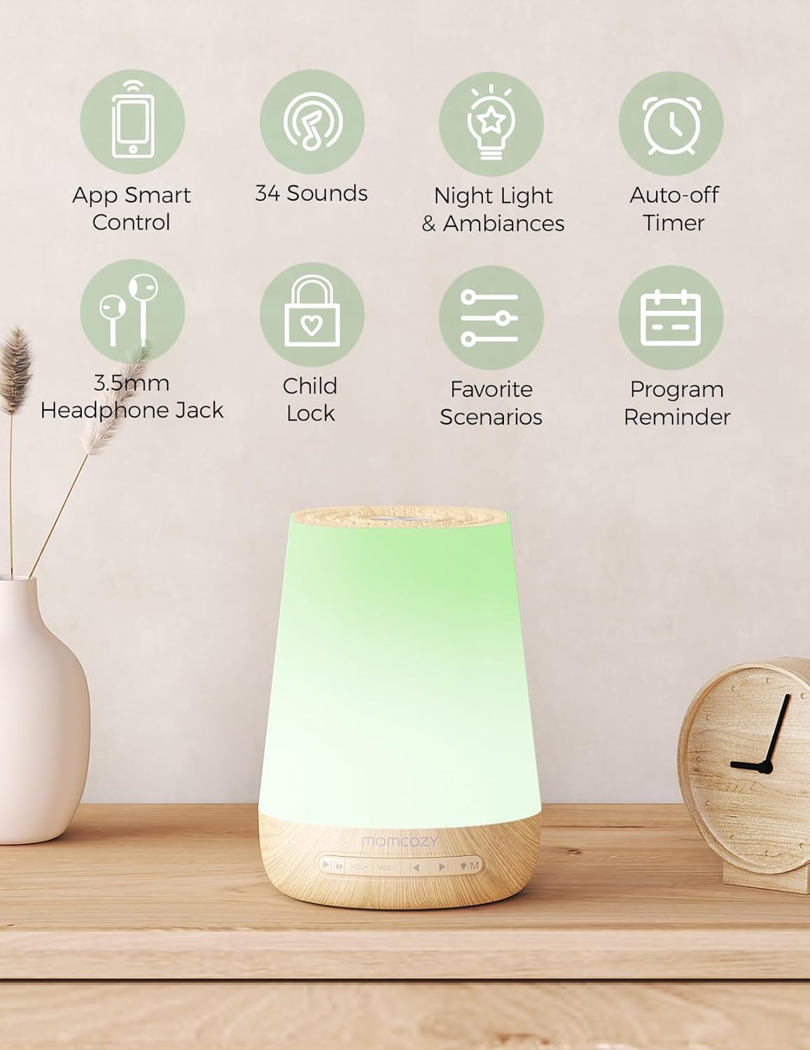 Detalle 2 de Momcozy White Noise Machine – Tragbar, 34 Geräusche, Nachtlicht & App-Steuerung