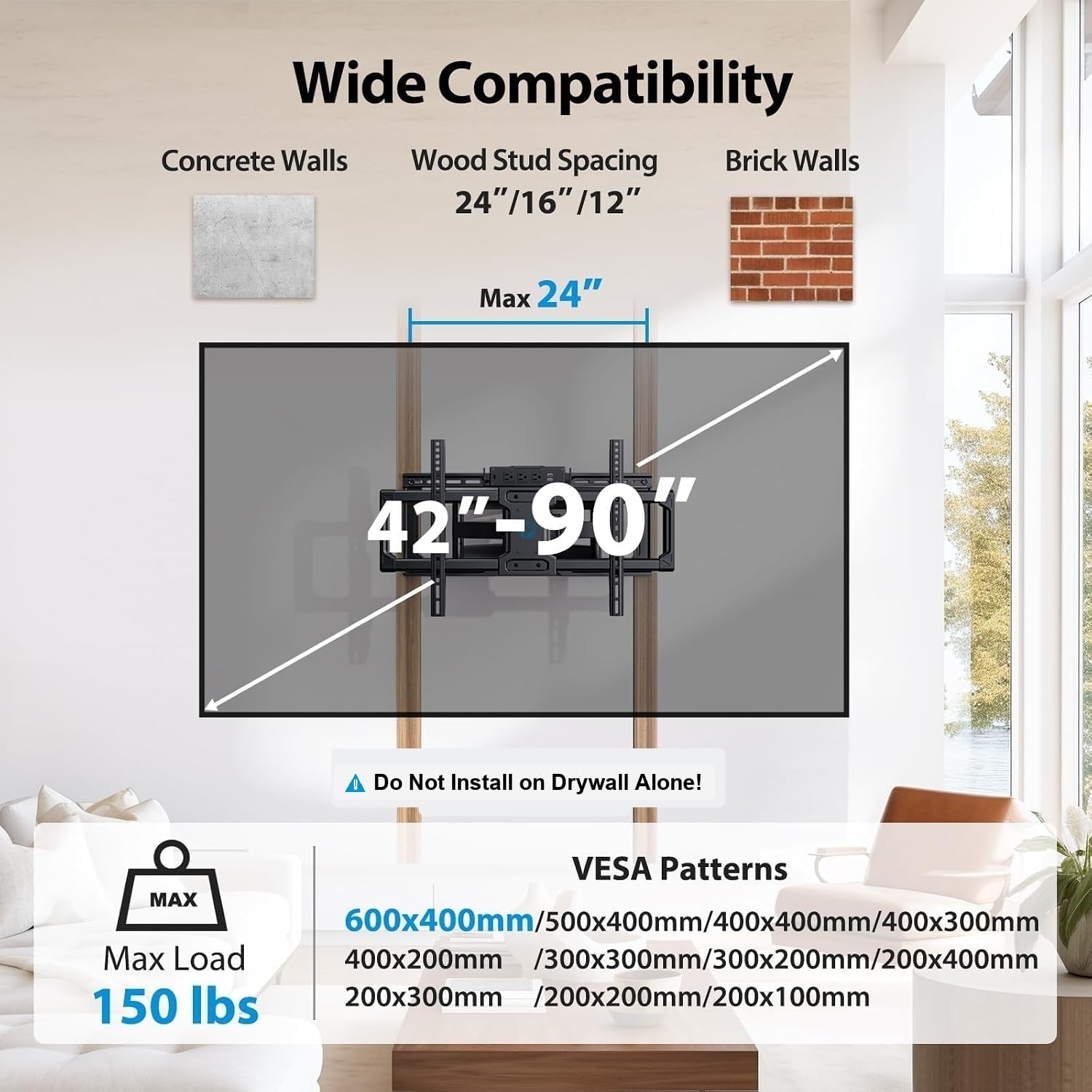 Detalle 2 de Pipishell PILF19 Full Motion TV Wall Mount with Power Strip, 42–90-Inch TVs