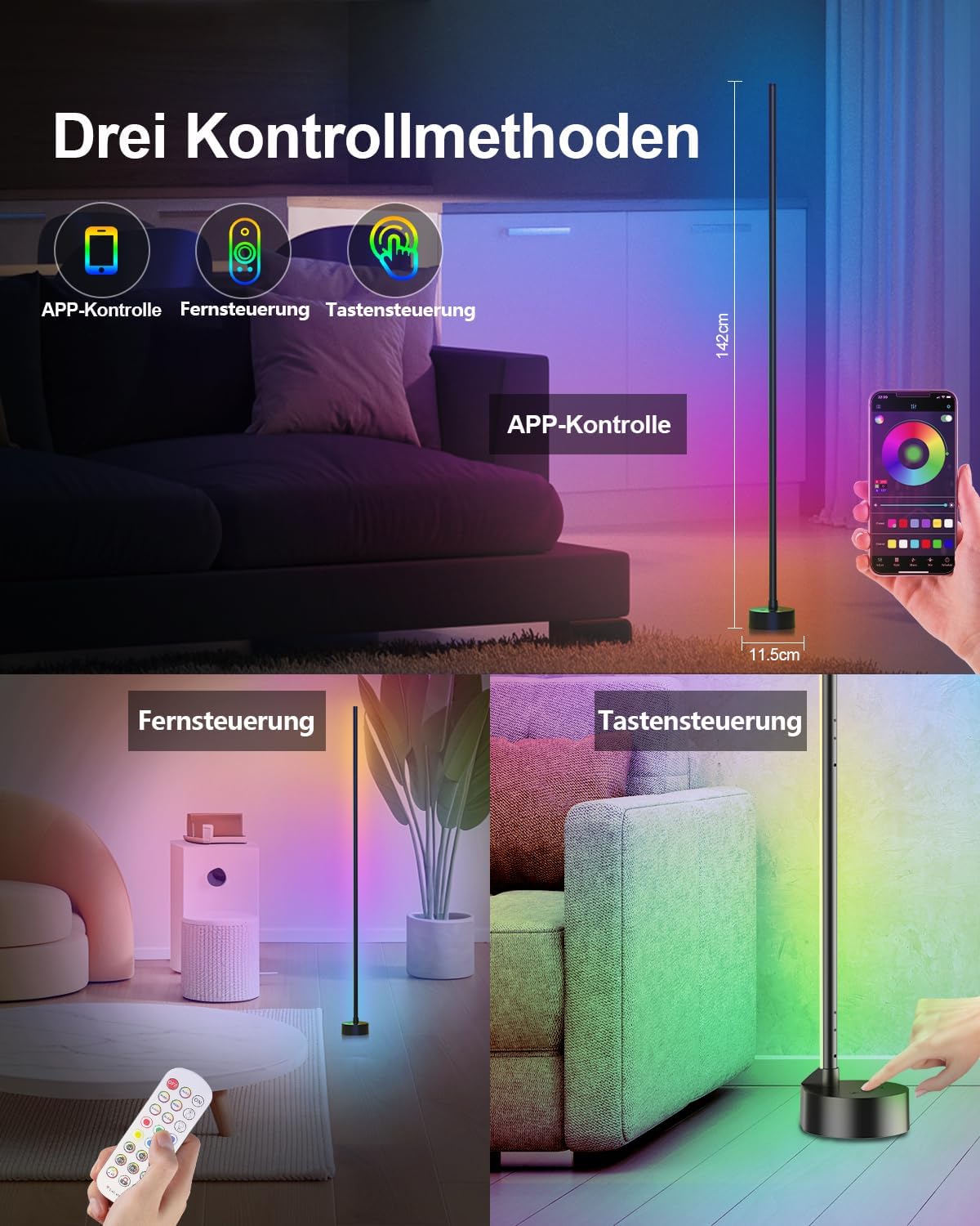 Detalle 2 de Miortior LED Stehlampe RGB, 16 Mio Farben