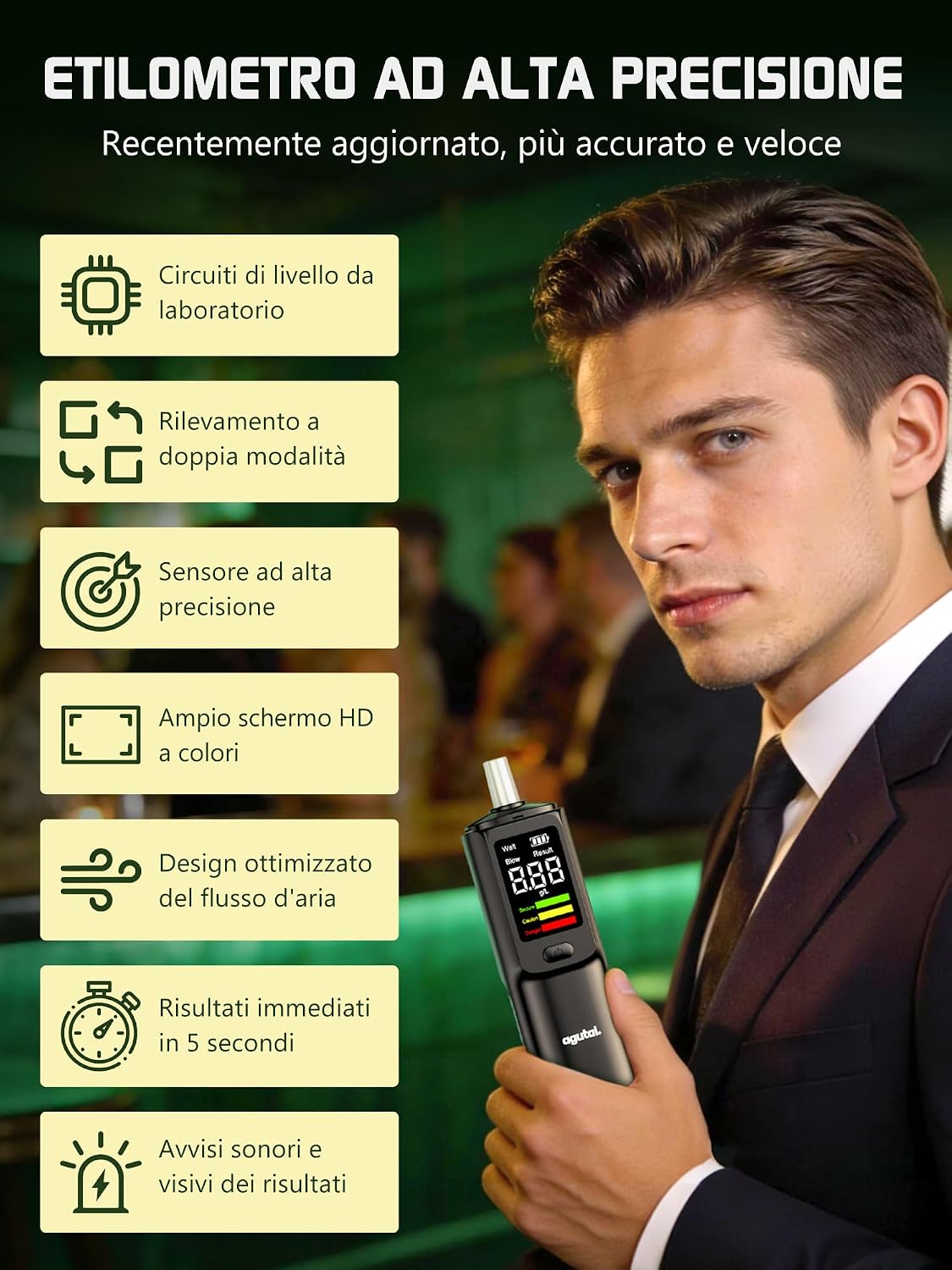 Detalle 2 de Etilometro Portatile Certificato Alcol Test – professionale USB‑C ricaricabile con Display LCD