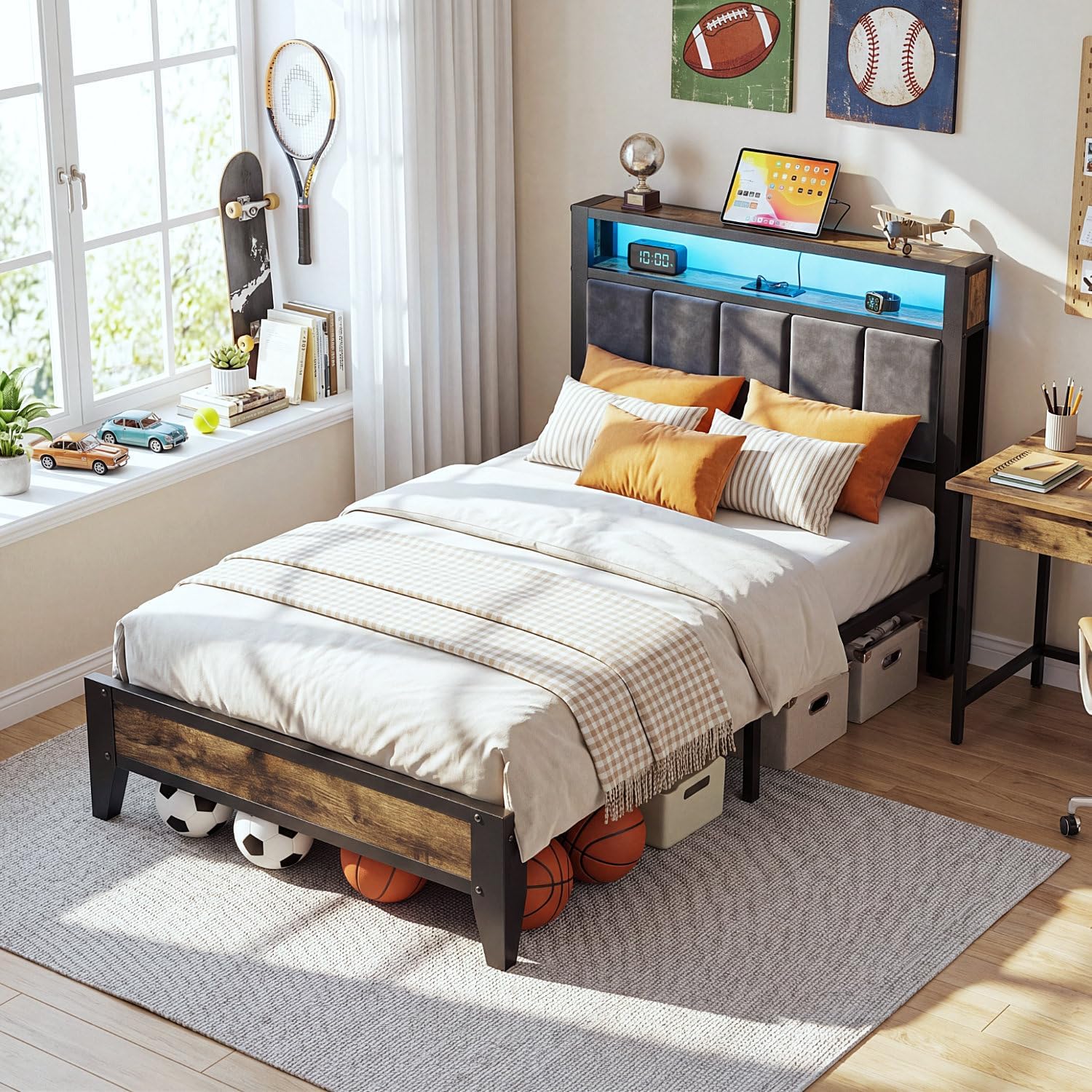 Thumbnail 6 de OLEVS Twin Metal Platform Bed Frame with LED Headboard, Storage & Charging Station