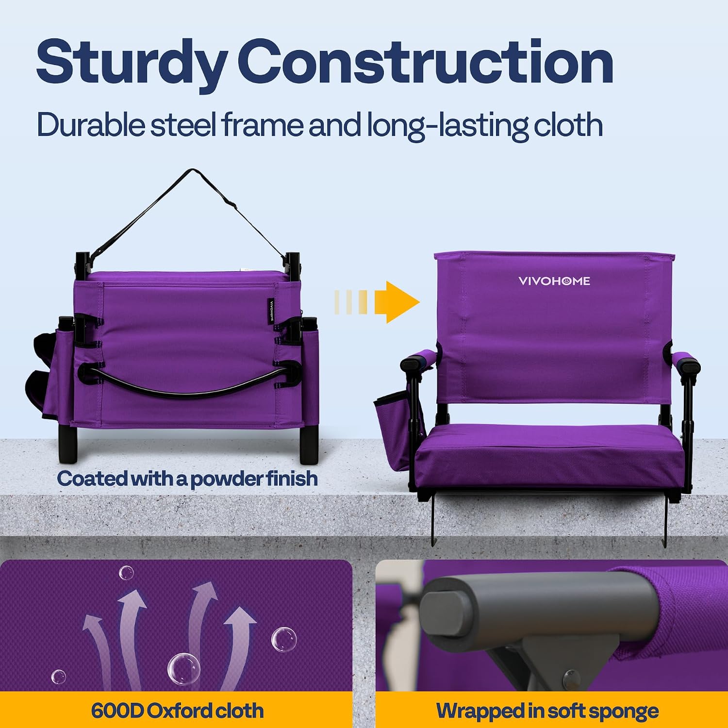 Detalle 1 de VIVOHOME VH1430-PU Stadium Seats with Back Support, Foldable, Purple, 2-Pack