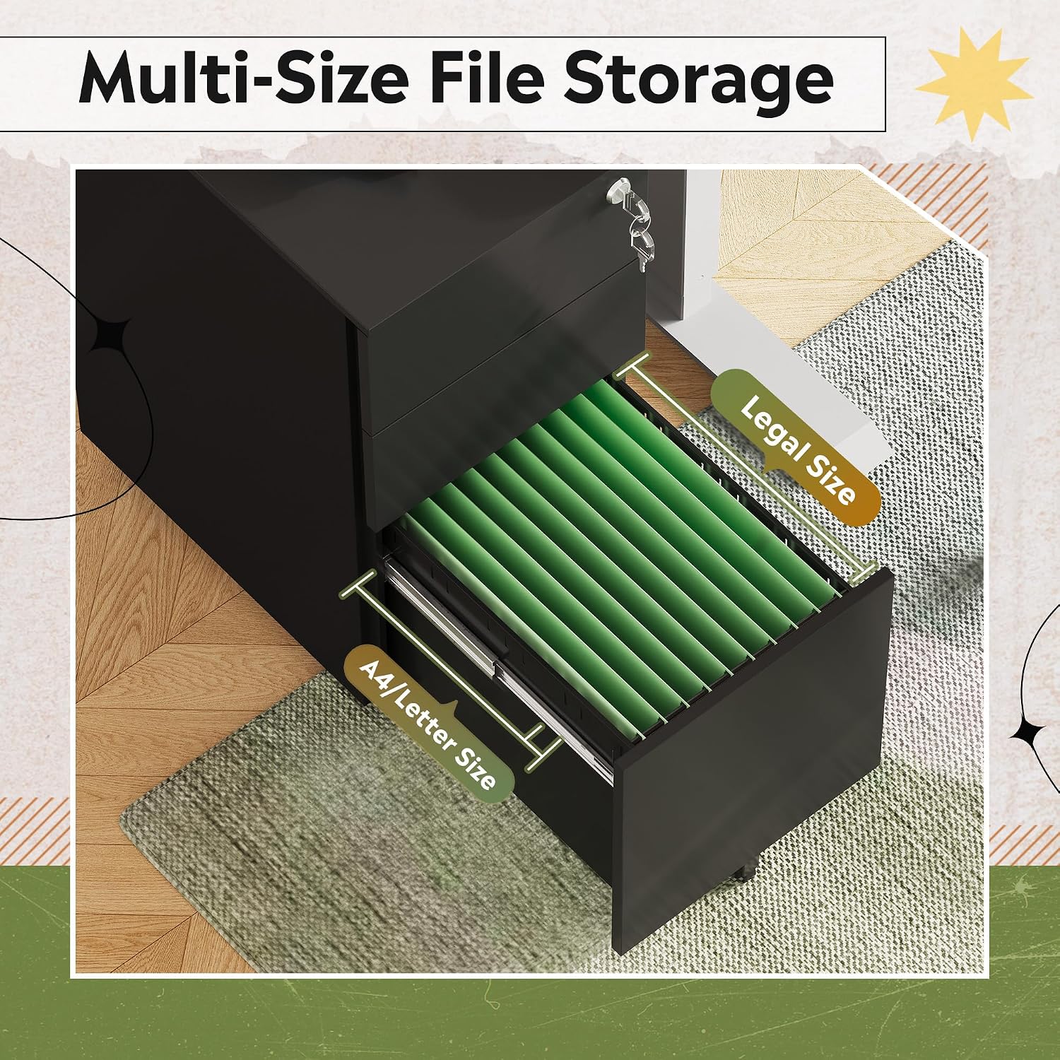 Detalle de DEVAISE 3-Drawer Mobile File Cabinet, Locking Steel, Letter/Legal/A4 File Storage