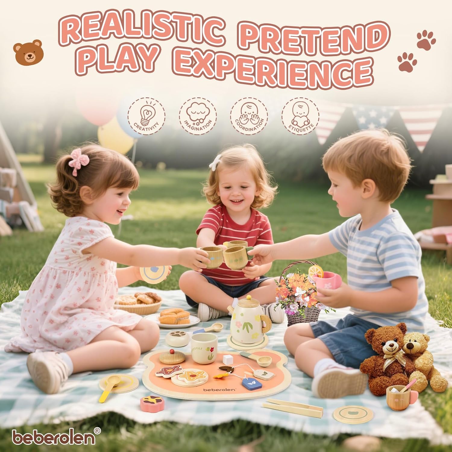 Detalle de Beberolen 31-Piece Wooden Tea Set for Toddlers – Pretend Play Kitchen Accessories