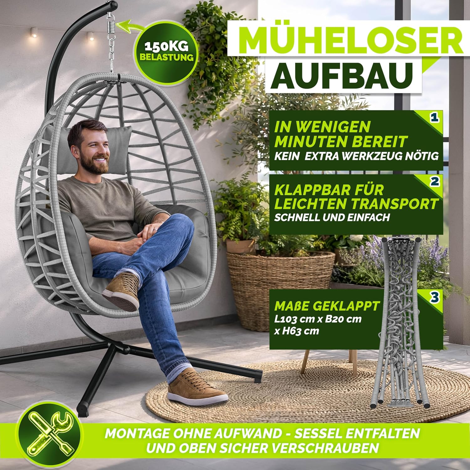Thumbnail 3 de tillvex® Hängesessel mit Gestell – wetterfester Egg Chair aus Rattan, 150 kg Last, inkl. Abdeckung